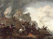 Philips Wouwerman cavalry making a sortie from a fort on a hill oil